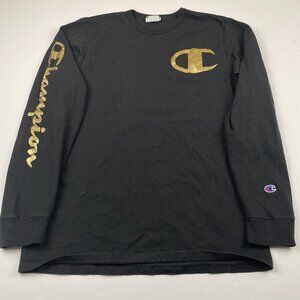 Champion T-Shirt Men’s L Black Long Sleeve Gold Spellout Logo Cotton